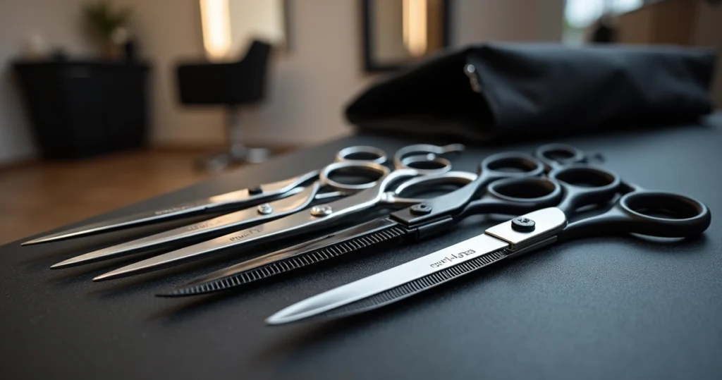Tesouras profissionais de fio navalha, fio laser e desbaste organizadas em bancada de salão