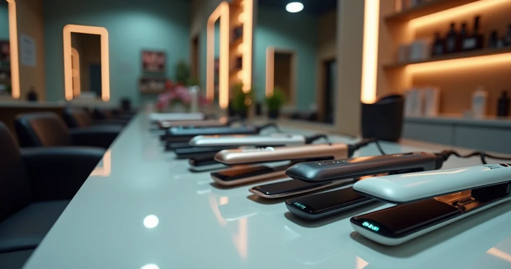 Vitrine com várias chapinhas profissionais alinhadas em bancada de salão moderno