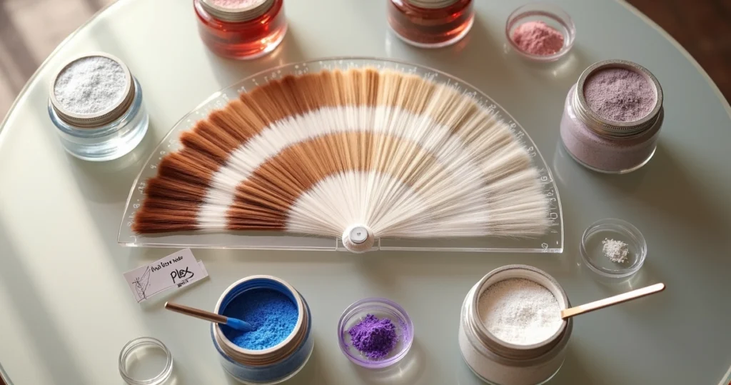 Comparação de mechas de cabelo com diferentes tons de loiro e bandejas de pós descolorantes coloridos