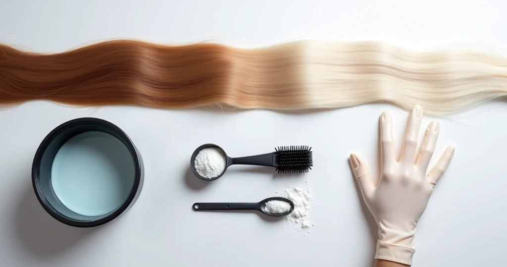 Transformação de cabelo castanho para platinado em fundo branco com pó descolorante