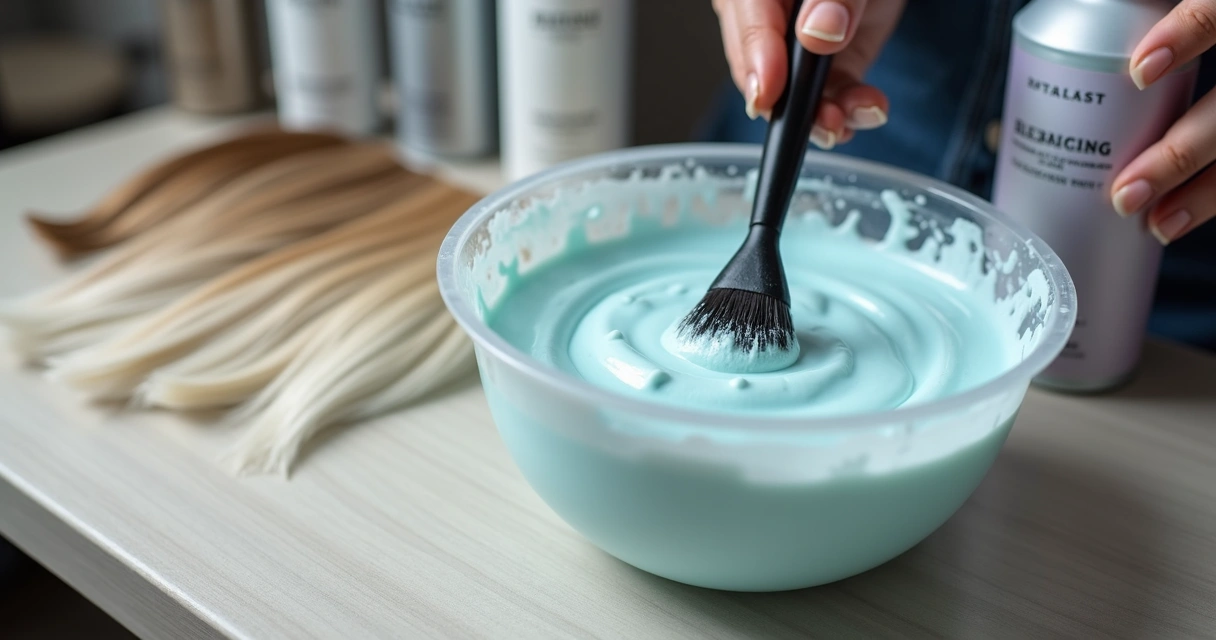Close do preparo de mistura de pó descolorante azul em tigela com pincel de salão