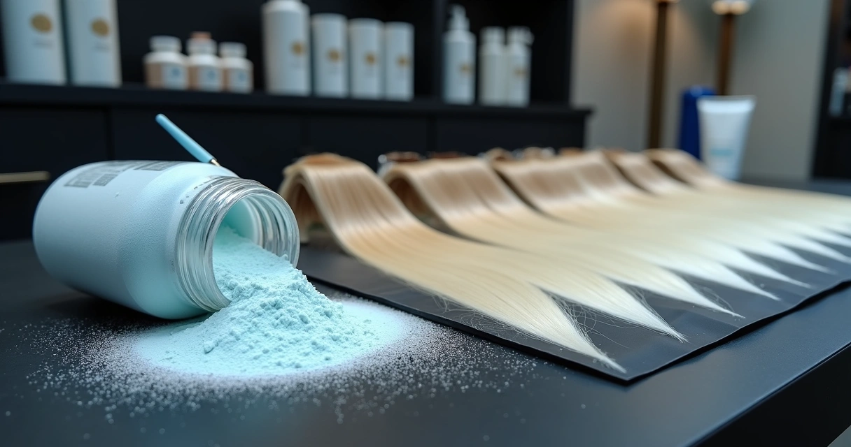 Pó descolorante profissional e mechas loiras em bancada de salão