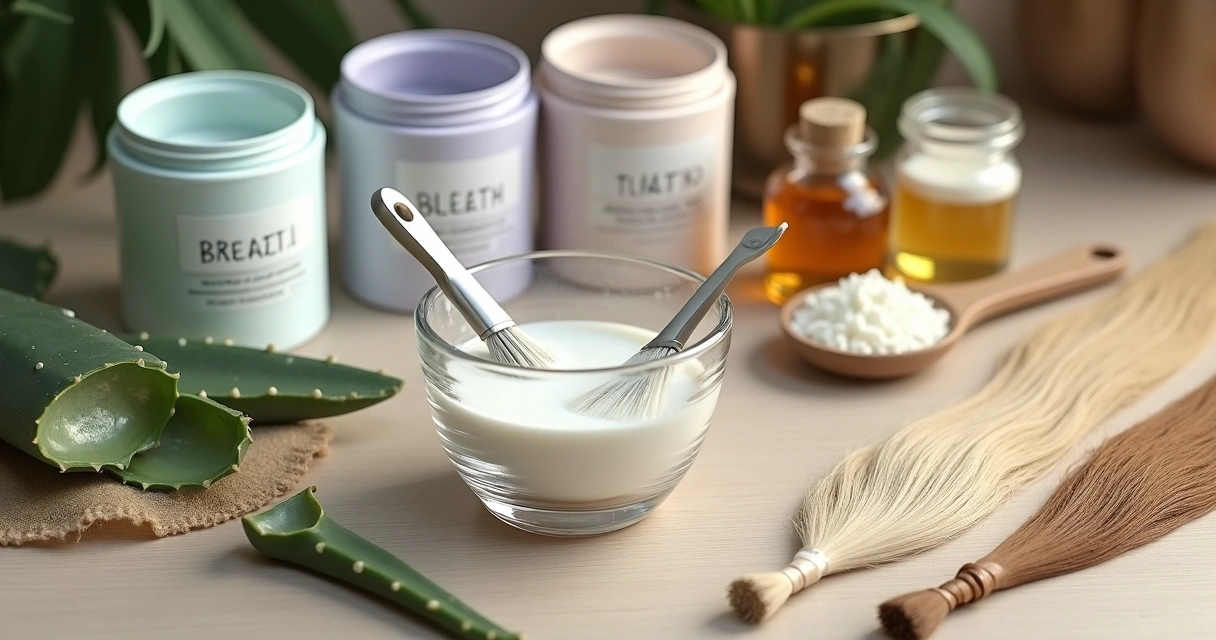 Potes de pó descolorante cercados por ingredientes hidratantes como aloe vera e óleos em bancada colorida