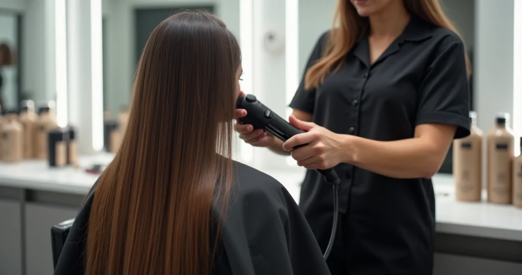 Profissional de salão alisando cabelo longo e brilhante com escova e prancha.