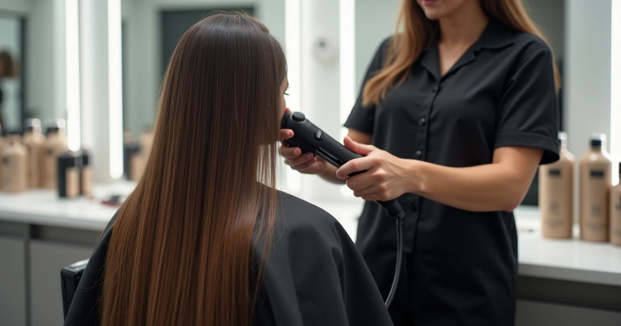 Profissional de salão alisando cabelo longo e brilhante com escova e prancha.