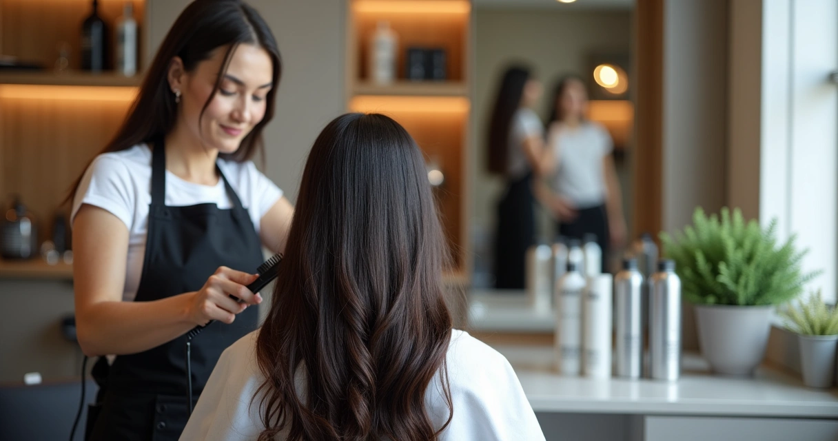 Cabeleireira aplicando progressiva sem formol em cliente de cabelo comprido em salão moderno
