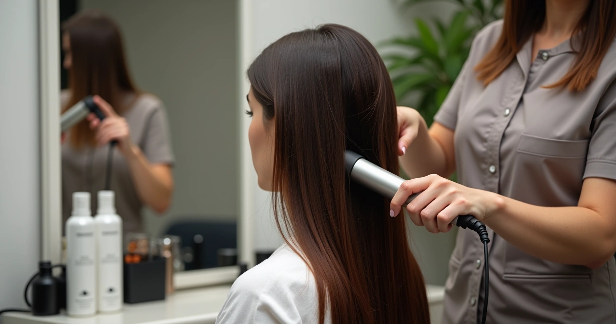Cabelo longo e alinhado sendo alisado em salão profissional moderno