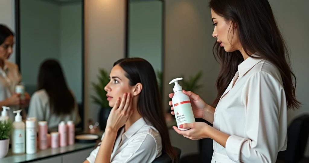 Cabeleireira mostrando riscos da progressiva com formol e alternativa segura para cliente no salão