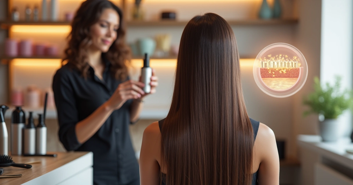 Profissional exibindo resultado de cabelo liso e brilhante após botox capilar