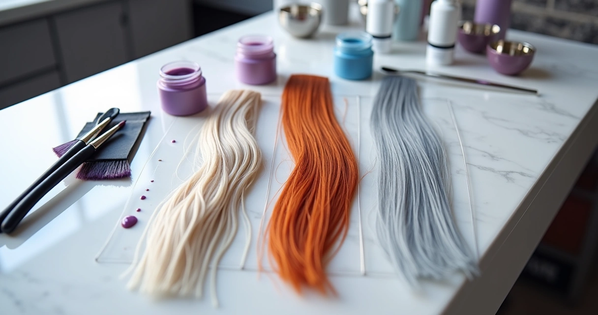 Três tipos de cabelo coloridos lado a lado sobre bancada com matizadores e luvas