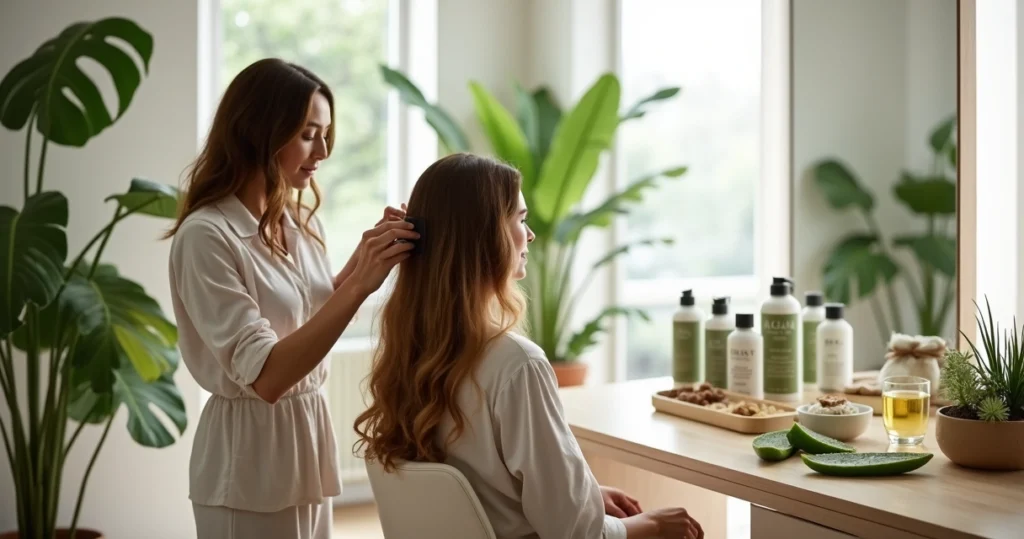 Cabeleleira aplica progressiva orgânica em cliente com cenário de salão moderno e elementos naturais