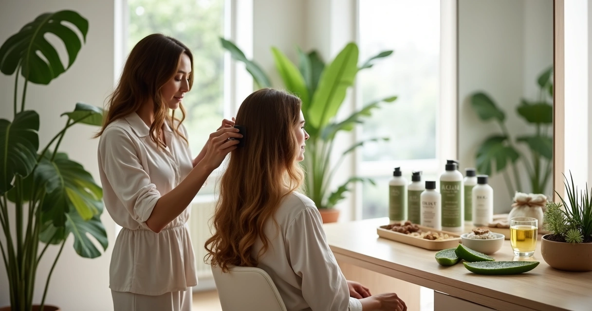 Cabeleleira aplica progressiva orgânica em cliente com cenário de salão moderno e elementos naturais
