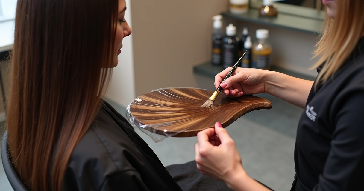 Profissional fazendo balayage em cabelo longo e escuro em salão moderno