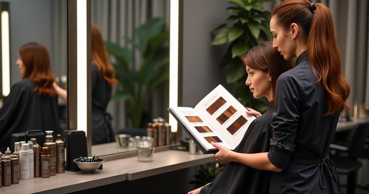 Cabeleireira analisando cartela de cores ao lado da cliente antes da coloração