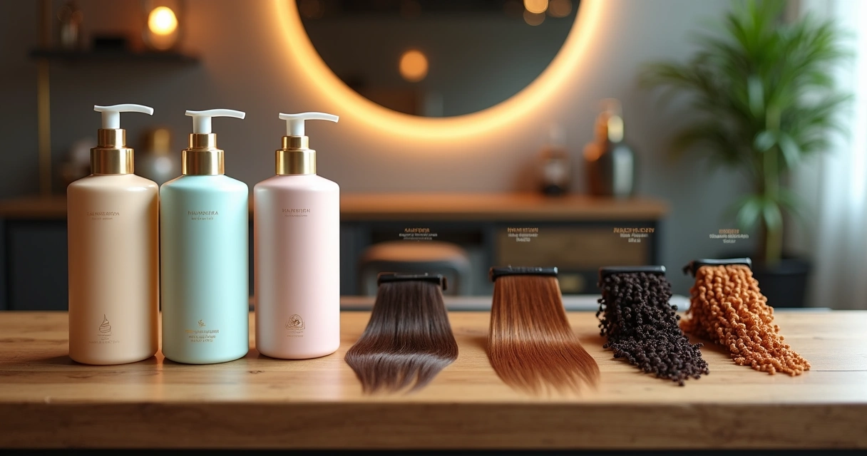 Linha de condicionadores profissionais e mechas de diferentes tipos de cabelo em bancada de salão
