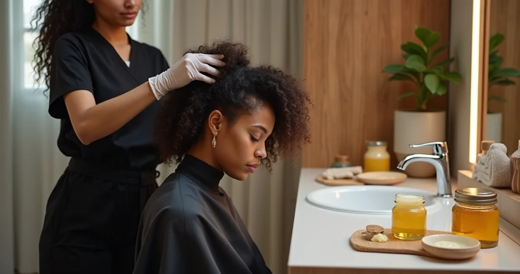 Cabeleireira aplica máscara de nutrição em cabelo cacheado no lavatório do salão