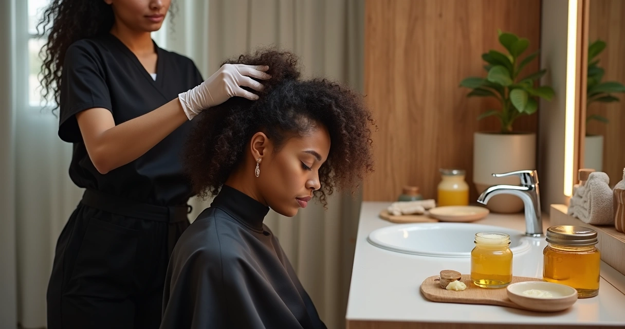 Cabeleireira aplica máscara de nutrição em cabelo cacheado no lavatório do salão