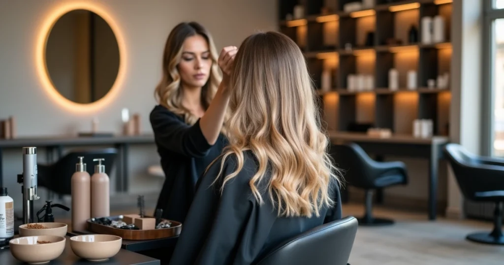 Profissional ajustando cabelo em tom loiro dirty blonde em modelo sentada na cadeira de salão