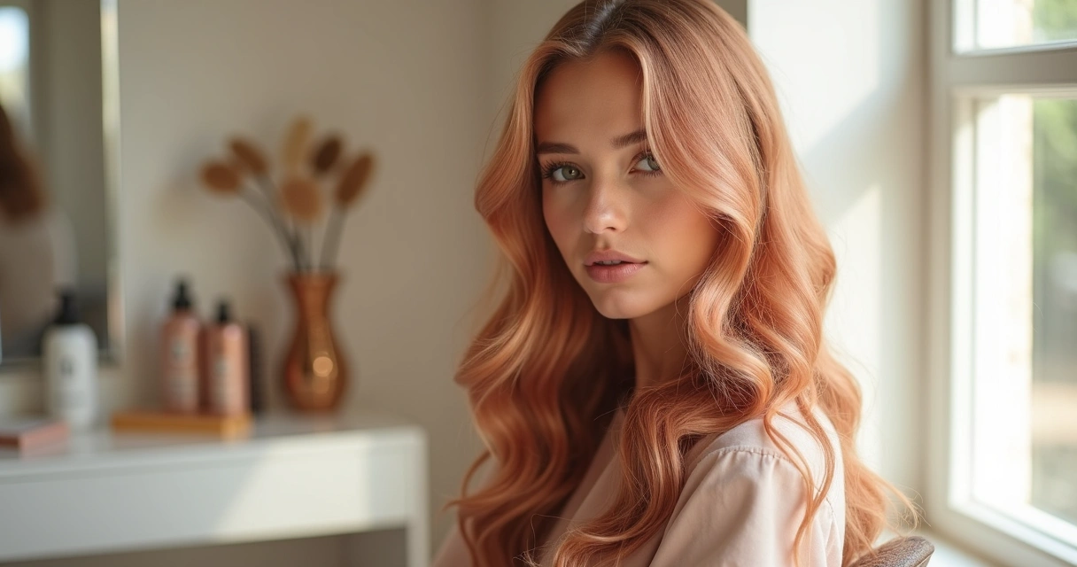 Modelo com cabelo strawberry blonde em ondas suaves em ambiente claro
