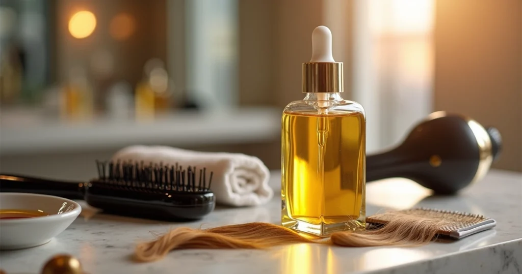 Frasco de óleo de cabelo dourado ao lado de escova em bancada de salão