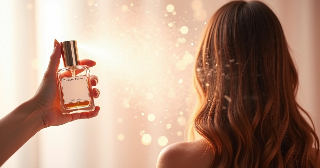 Jato de perfume de cabelo criando fios brilhantes em fundo claro