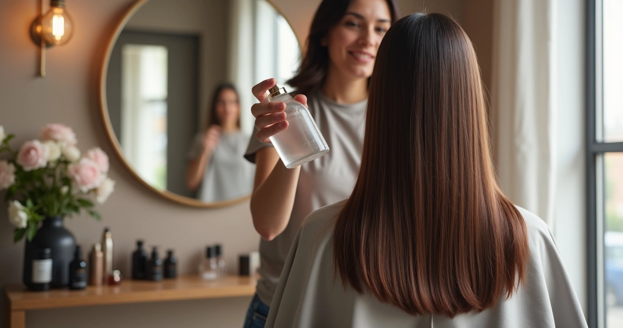 Cabeleireira aplicando perfume de cabelo em cliente de cabelos longos em salão moderno