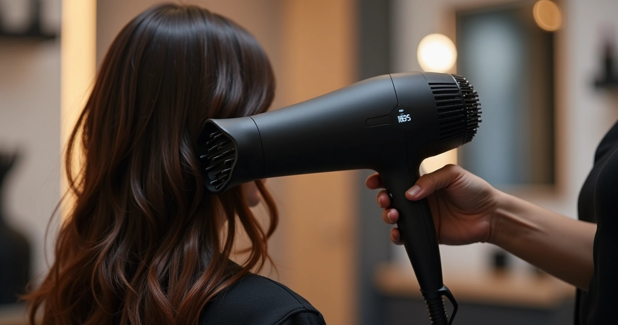 Secador de cabelo profissional sendo usado em cliente em salão moderno