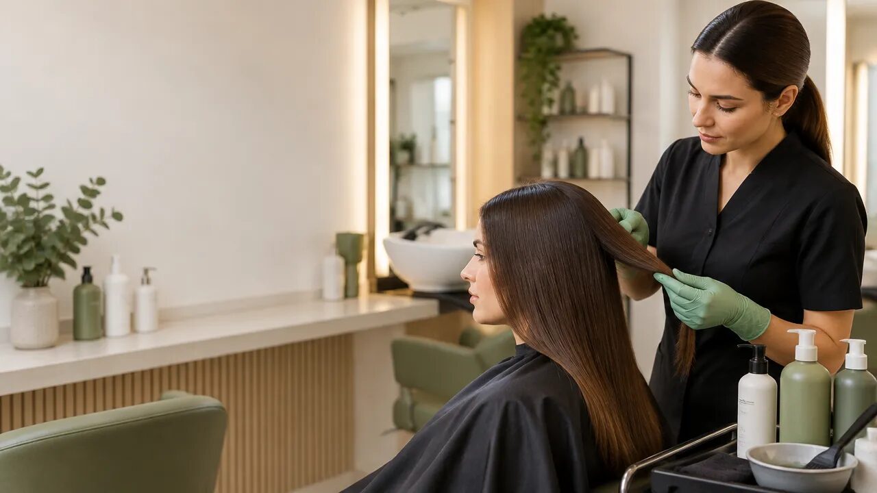 Profissional de salão avalia uma mecha de cabelo antes de escolher um alisamento químico