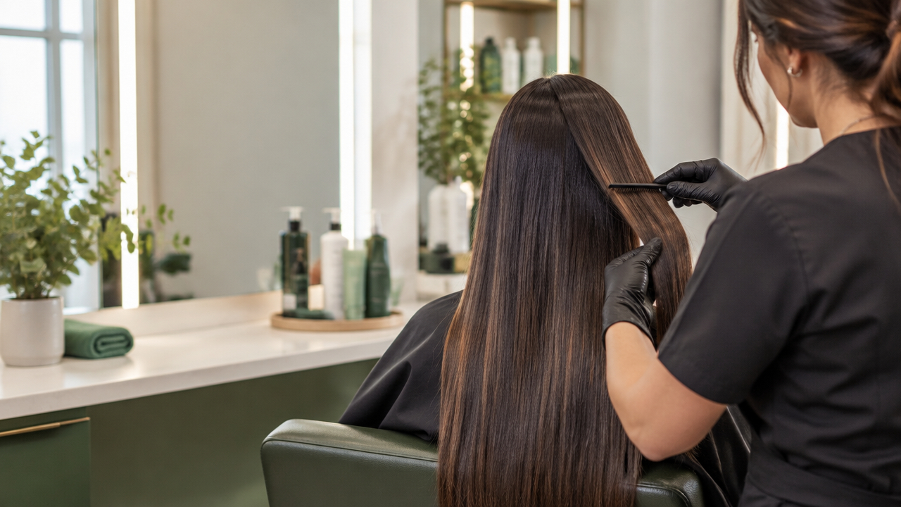 Profissional de salão avaliando uma mecha de cabelo antes de escolher um alisamento sem formol
