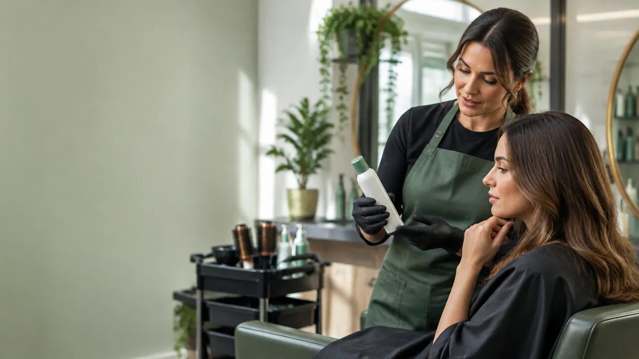 Profissional de salão conversa com cliente sobre opções de alisamento capilar e avaliação do cabelo